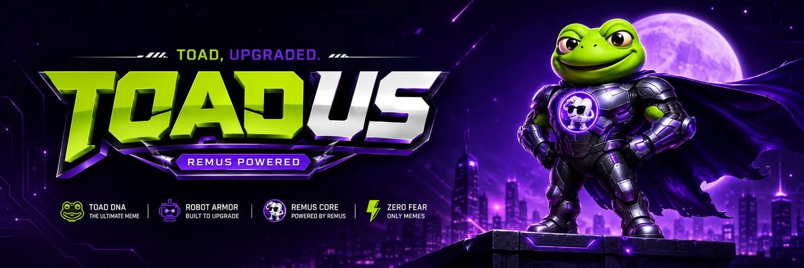 TOADUS field-deployment render: armored frog standing on a rooftop above a purple neon city